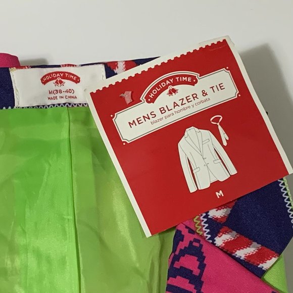 Ugly Christmas Blazer Sport Coat Jacket Santa Reindeer Matching Tie Pink M - Picture 4 of 4